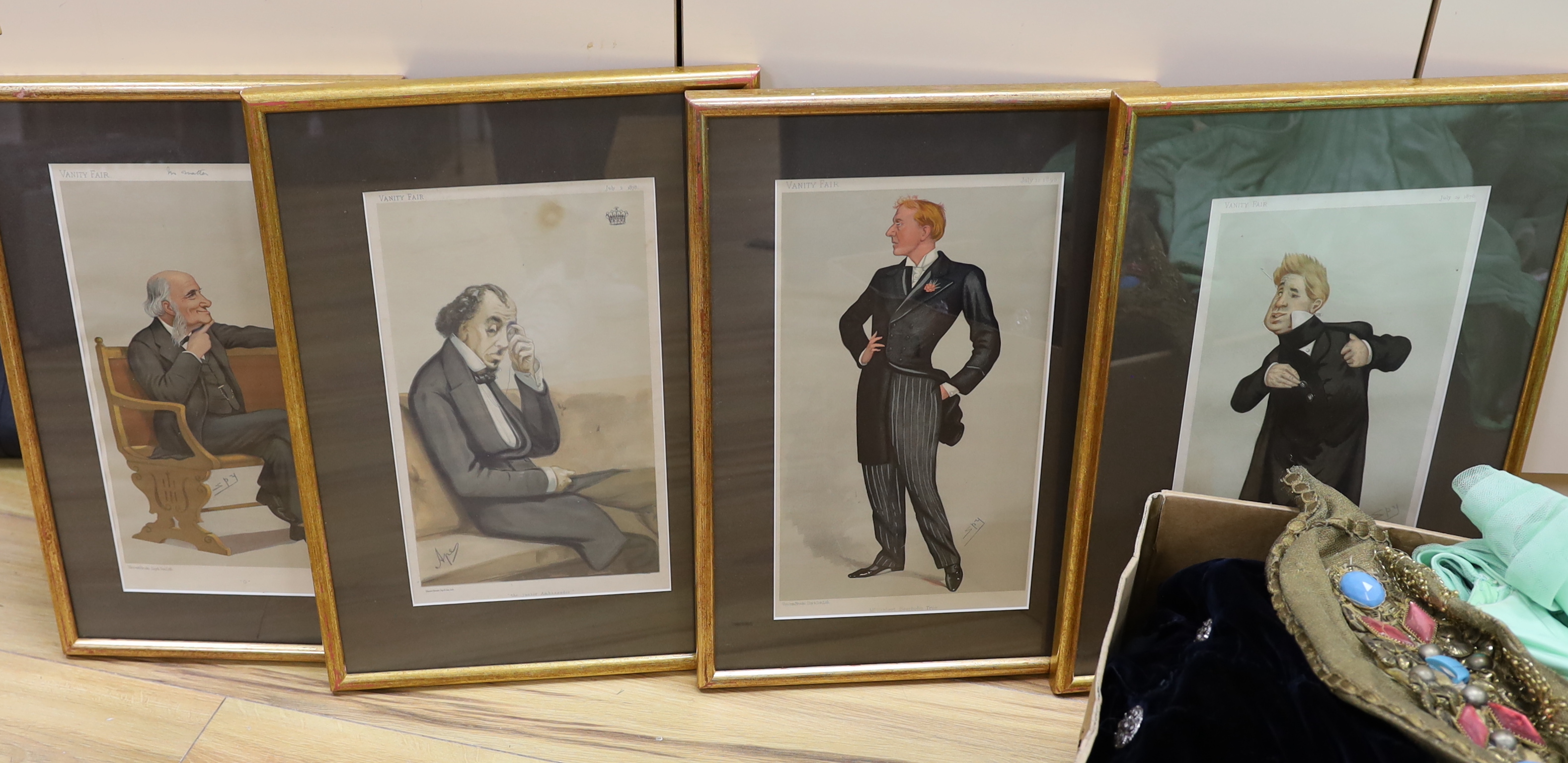 Thirteen framed Vanity Fair etc. portraits by artists including Spy, of D’Oyly Carte and Gilbert & Sullivan related characters, together with six costumes used in D’Oyly Carte Productions